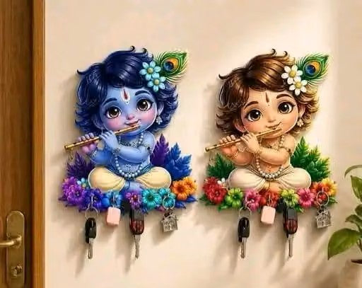 Little Krishna Printed Wooden key Holder